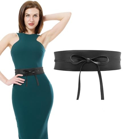 VLYX Cintura larga da donna in stile obi - Cintura avvolgente in morbida similpelle con fiocco | Cintura retrò vintage boho per abiti, maglioni, cappotti (nera)