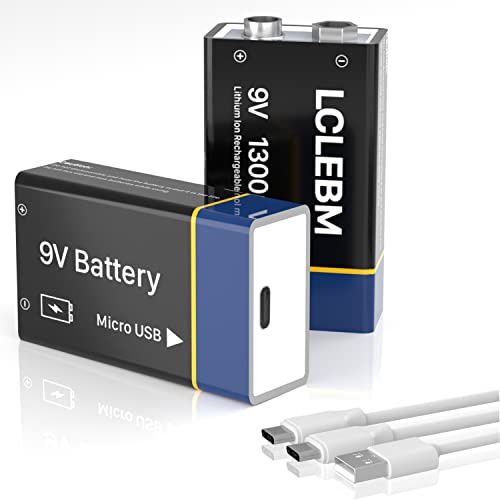 9V Rechargeable Batteries par USB-C, 1300mAh 9V Lithium Rechargeables Piles Li-ION 9 Volt Longue durée pour détecteurs de fumée, Microphones sans Fil, Lampes de Poche - Lot de 2