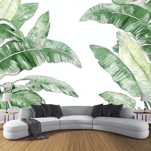 Peint Panoramique en soie Plantes À L'Aquarelle, Poster Geant Mural Feuille De Bananier Verte,Papier peint mural Blanc Vert pour Salon Chambre Chambre d'enfants restaurant Décoration Murale 350×256cm