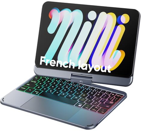 doqo Coque Clavier Magnétique iPad Mini 7 A17 Pro & Mini 6 avec Trackpad | Frappe Style Ordinateur Portable, Rotation 360°, Clavier Rétroéclairé, 8,3 Pouces, Compatible iPad Mini 7 2024 & Mini 6 2021