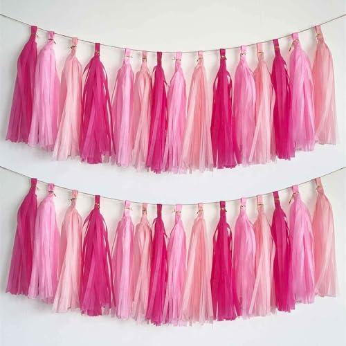 Tarqite 15 Stück Seidenpapier Quasten Girlande, Papier Quasten Banner, Seidenpapier Tassel Girlande für Party Deko, Geburtstag, Mottoparty, Babyparty, Hochzeit (Pink, Hellrosa, Rosarot)