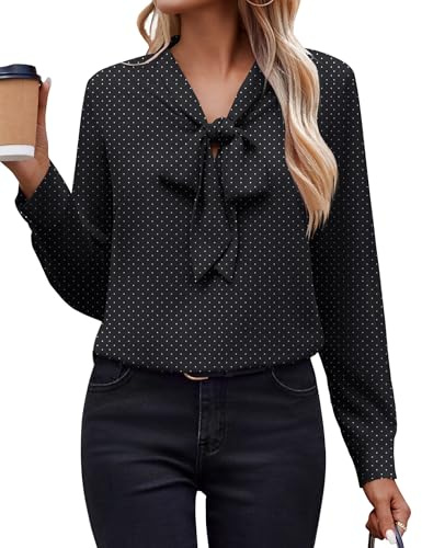 Zeagoo Work Blouses for Women Casual Long Sleeve Bow Tie V Neck Chiffon Shirts Polka Dot Tunic Top