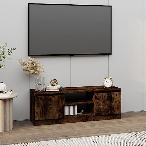 KLYEON TV-Schrank mit Tür Räuchereiche Medienregal Kiefernholz Stauraum for Multimedia-Center 102x30x36 cm