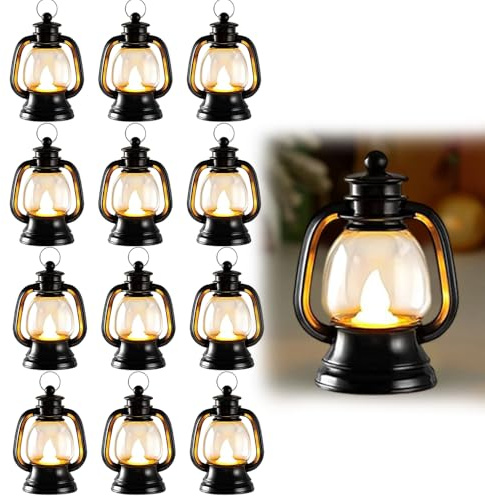 DAJASD 12 Paquete Mini Farol, Vintage Bujía Linternas, Farolillos LED Negros Colgante Decorativo con Vela LED para Halloween, Navidad, Boda Mesa, San Valentín, Patio, Interiores (Negro)