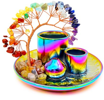 5 in 1 Incense Burner Holder with Crystal Tree for Burning Palo Santo Stick, Sage, Incense Sticks, Candle, Ceramic Tray Ash Catcher, Meditation Gift (Colorful)