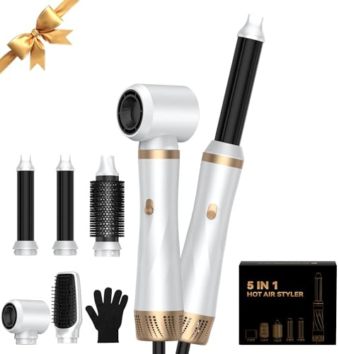 Hairstyler 5 in 1 mit Warmluftbürste, Professionelle Föhnbürste, Rundbürste, Lockenstab & Glättebürste in 1000W Leistung & 3 temperaturstufen für Volumen, Glänzendes Haar, Locken & schonendes Föhnen