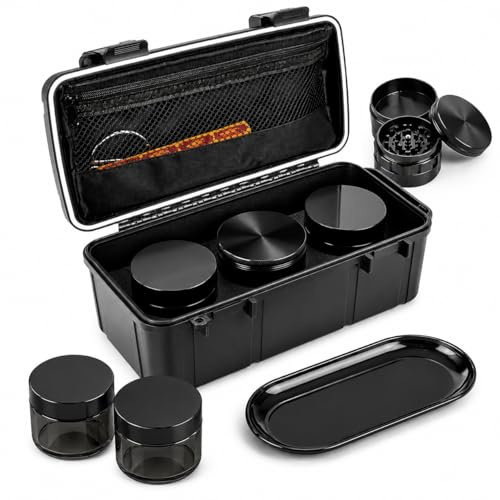 Marvero Smell Proof Bag, Portable Smell Proof Stash Box- Includes 2 Glass Jars, Grind & Rolling Tray | Waterproof & Airtight Smell Proof Container for Travel & Home