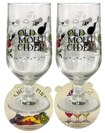 Laurie's Pub and Bar Accessories Old Mout Limited Edition Beer Pint Glasses, Glass, 568ml, Mountain Etching Design, Modern Style, Transparent Durable, with Beer Mats, Set of 2