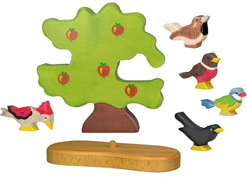 Holztiger 6615 Set Vögel - Großer Apfelbaum mit fünf Spielfiguren aus Holz, Specht, Blaumeise, Amsel, Spatz und Rotkehlchen, mit Baumstütze, handbemalte Spielzeugtiere für Kinder, Made in Europe