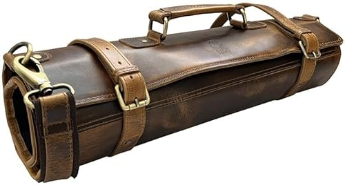 Leather Chef Knife Roll Bag - Expandable 11 Knives Pockets with Tool Pouch | Full-Grain Leather Travel Chef Case; Detachable Adjustable Shoulder Strap; Easy-Carry Handle; Brass Hardware; Gifts for Chef