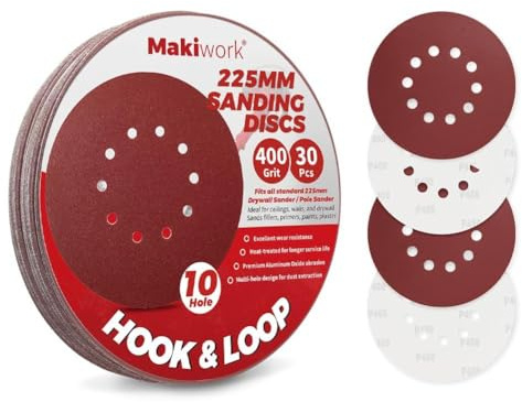 Makiwork 30 Stück 225mm 10-Loch 400 Korn Klett-Schleifscheiben – Grobkörniges Aluminiumoxid Schleifpapier für Trockenbauschleifer, Farbentfernung, Holz- & Metallbearbeitung