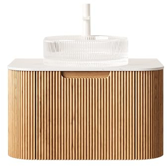 kozamas 61cm Hängender Badezimmer-Waschtisch Mit Klarer Kristallglas Spüle, Carrara Sintersteinplatte, Gebogene Gestreifte Front Mit Schublade, Vormontiert, Naturholzmaserung