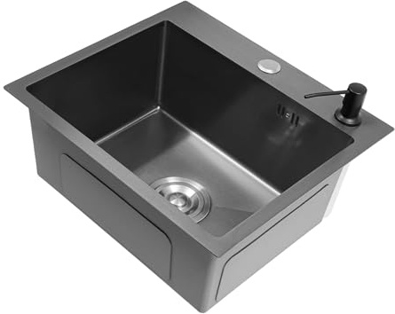 Lavabo in acciaio inox, lavello da incasso, lavabo nero, 40 x 45 cm, con rubinetto nero, dispenser di sapone e scolapiatti, per famiglia e ristorazione