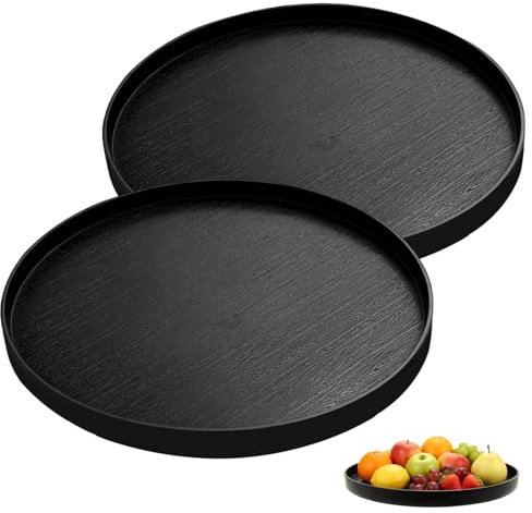 2 Stück Deko Tablett Rund, 30 cm Dekoteller aus Kunststoff in Schwarz | Serviertablett rund und groß, vielseitig als Dekotablett für Partys, Wohnzimmer, Bars und Restaurants