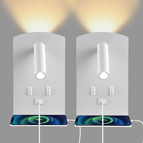 2Pcs LED Wandleuchte Innen mit USB Ladeanschluss, Schalter & Tablett,12W Touch Dimmbar Wandlampe, 360°Drehbare Leselampe Wandmontage, Nachttischlampe, Wandleselampe für Schlafzimmer Wohnzimmer(06)