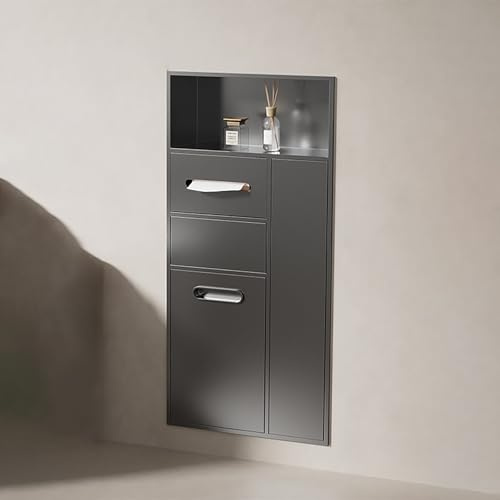 Portarrollos de Papel Higiénico Empotrable con Papelera Integrada, Hornacina de Baño en Acero Inoxidable 304, Soporte para Papel WC de Pared con Almacenamiento para Reforma(Gray,860x400x140mm)