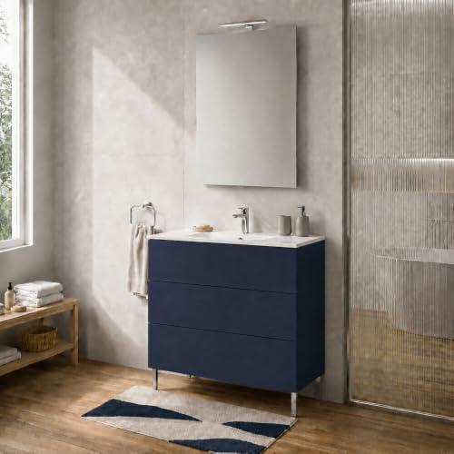 Mobile da bagno a terra 100 cm Blu – 3 cassetti con piedini e lavabo Tierra