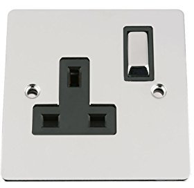 Single Plug Socket 1 Gang 13A -Polished Chrome -Flat -Black Insert -Metal Rocker Switch