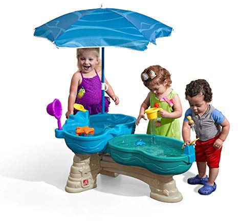 Step2 Spill & Splash Seaway Water Table for Kids, Two-Tier Outdoor Kids Water Sensory Table with Umbrella, Ages 1.5+ Years Old, 11 Piece Water Toy Accessories