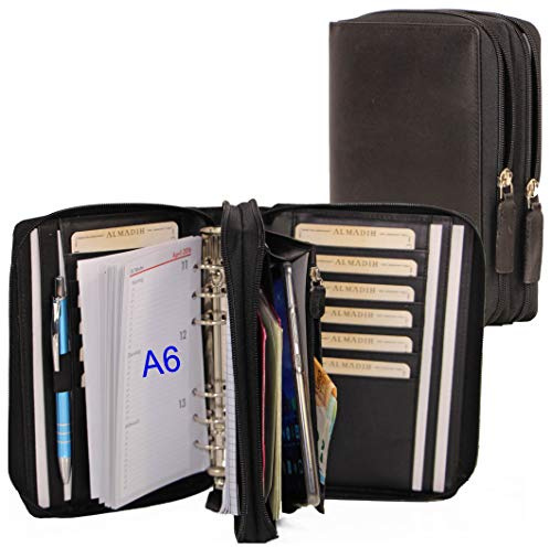 ALMADIH Leder A6 Kombimappe 2 Reißverschluss Fächer Kalender 2026 Premium Rindsleder Schwarz Geschenkbox Ledermappe Kombimappe Schreibmappe Terminplaner Terminkalender Ringbuch Notizblock(A6-K-S)