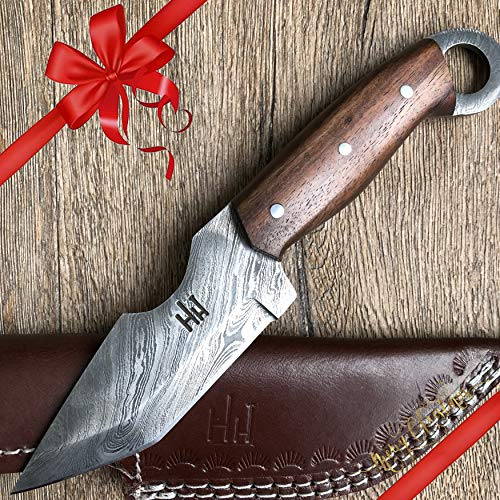Hobby Hut HH-301, Custom handgefertigt 24 cm Klinge, damast jagdmesser mit Ledescheide, feststehende Full Tang Klinge, damastmesser jagdmesser,Extra Scharf,Walnuss Holzgriff, Scheide aus Leder