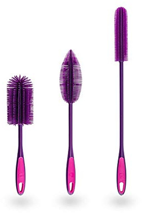 Kochblume Silikonbürsten 3er Set mit Wechselköpfen | Flaschenbürste, Spülbürste, Antibakteriell, Keimfrei (lila)