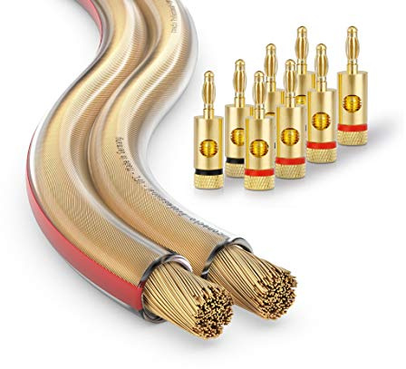 conecto CC50536 OFC Professional Audio Lautsprecherkabel, Querschnitt 2x1,50mm² (99,9% OFC Vollkupfer 48x0,20mm Litze), 30,0m, transparent, Set inkl. 8 Bananenstecker