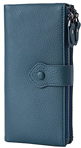 Bveyzi Women Soft Leather RFID Blocking Bifold Slim Wallets Ladies Credit Card Holder Double Zipper Pocket(Blue)