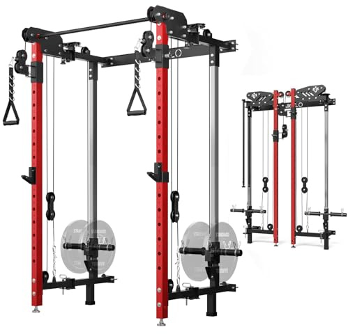 Mikolo Folding Squat Rack, Wall Mounted Power Rack with Cable Crossover Machine & LAT Pull Down, Functional Trainer with 5 Adjustable Function Modes, No Function Interference (Red)