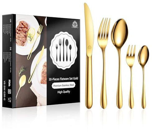 vancasso Besteck Gold Set 6 Personen,30-Teilig Edelstahl Besteckset mit Messer/Gabel/Löffel/Dessertlöffel, 18/10 Edelstahl Besteckset Poliert mit Geschenkbox, Spülmaschinenfest