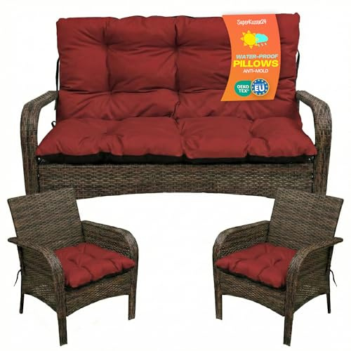 SuperKissen24. Sitzkissen Bankkissen Bankauflage - 180x50 cm und Rückenlehne 180x60 cm mit 2er 45x45 cm Stuhlkissen Set - Outdoor und Indoor - Bordeaux