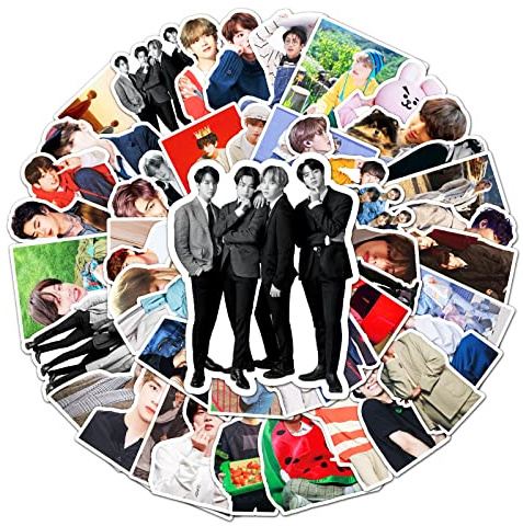 Affoto BTS Kpop Stickers (50 Pieces), Waterproof Vinyl, Cartoon Style, For Laptop, Plastic, Metal, Wood, Glass, Ceramic, Cloth, Black Color, Stickers