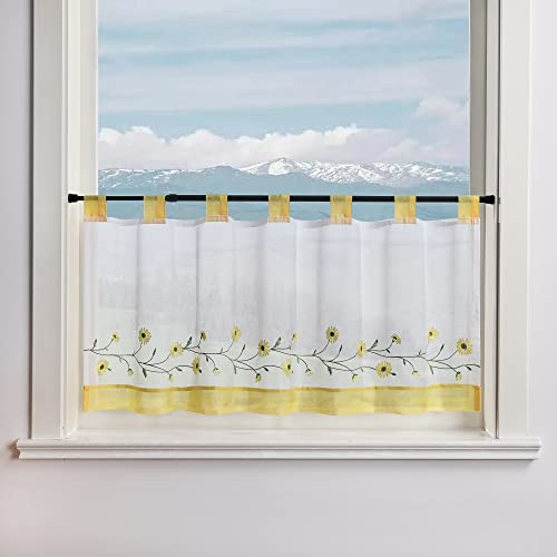 Delien Voile Scheibengardine Transparente Bistrogardinen Landhaus Kurz Vorhang Modern »Daisy« Kurzstores mit Blumenstickerei Küchengardinen mit Schlaufen BxH 90x30cm,Gelb