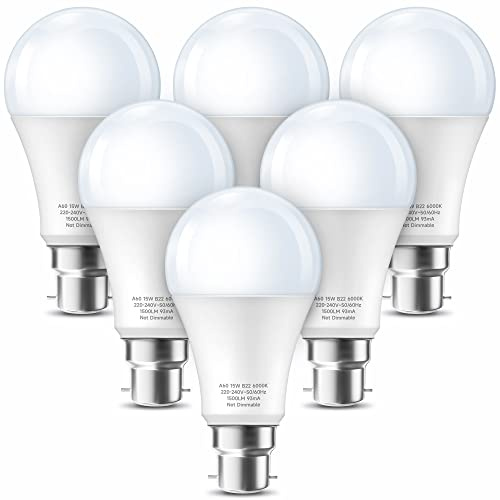 Eastiya Light Bulbs Bayonet 150W Equivalent, Daylight 6000K, 1500LM Strong Bright B22 LED Bulb, 15W Energy Saving Lightbulbs for Bathroom, Home Office, Outdoor, Non-dimmable, Pack of 6