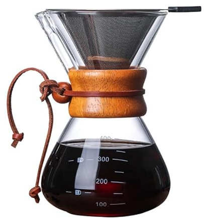 Versare sopra Macchina da caffè 400ml, Manuale per Fare il Caffè con Filtro Permanente in Acciaio Inox, Caraffa da Caffè in Vetro Borosilicato, Caffettiera Cold Brew con Manicotto in Vero Legno