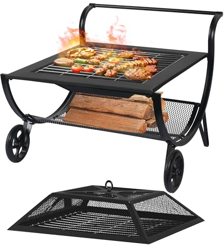 NEOCOZY Feuerstelle, 68,6 cm, Metall, Holzofen mit Rad & Aufbewahrungsregal, Outdoor-Feuerstelle mit Deckel für Camping, Grill, Garten, Hinterhof