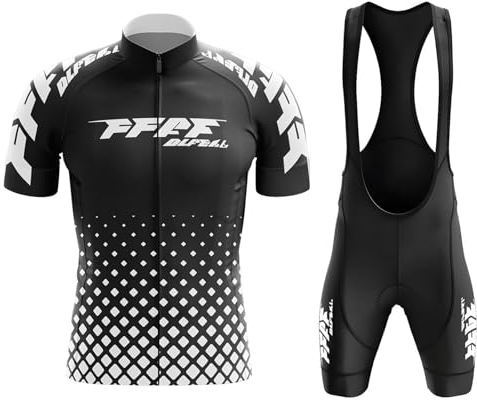 FFFF & OLFEH Radtrikot Set Herren Kurzarm, Herren Fahrradtrikot Set, Atmungsaktiv Und Schnelltrocknend für MTB Rennrad Fahrrad Jersey + Trägerhose/Radlerhose für Radsport (Schwarz,L)