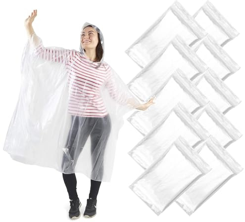 Traxenta 10 st Vattentät Regnskydd Regnponcho, Unisex Poncho, Bärbar Regnkappa med Huva för Utomhusaktiviteter, Regnrock för Bergsklättring, Cykling, Vandring (Transparent), Genomskinlig, 36-40
