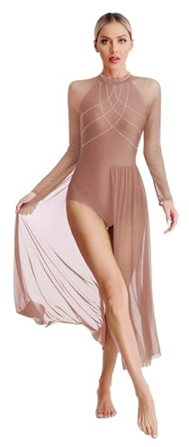Agoky Donna Vestito Danza Lirica Moderna Maxi Abito da Pattinaggio a Manica Lunga Body Leotard da Ginnastica Vestito da Ballo Latino Salsa Rumba Dancewear Dusty Pink M