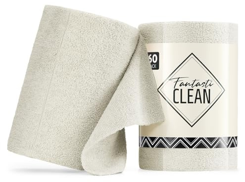Fantasticlean Microfiber Cleaning Cloth Roll -60 Pack, Tear Away Paperless Towels, 8 x 8, Reusable Washable Rags, for House Kitchen, Pet, Office, Indoor Outdoor, Compact and Portable (Off-White)