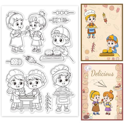 GLOBLELAND Klare Stempel „Little Chef“ von Friends Barbecue Klare Stempel Lebensmittel Eis Am Stiel Spieße Burger Silikonstempel Für DIY Scrapbooking Fotoalbum Dekorative Karten 6.3x4.33Inch