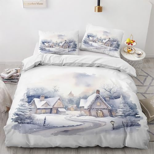 Générique Housse de Couette 240x260 Hiver - Parure de Lit 2 Personnes Imprimée Neige Campagne avec Fermeture éclair - Linge de Lit en Microfibre Douce avec 2 Taies d'oreiller 65x65 cm V&246