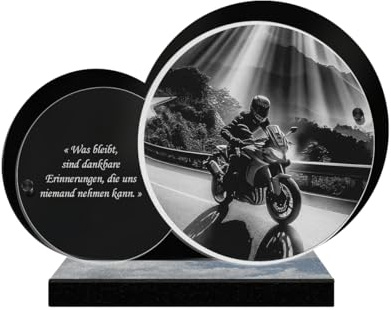 ETERNEL - Personalisierte Grabplatte Doppelkreis - Motorradfahrer Foto und personalisierbarer Text, lasergravierte Grabplatte für Hommage, Grabplatte, Grabstein, Beerdigung, Gedenken