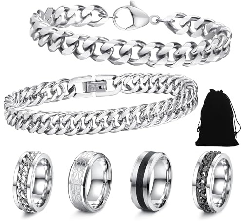 Armband Herren Silber, Herren Armband Edelstahl Armbänder Panzerkette Minimalistisches Armbänder für Herren, Herrenarmband Schmuck Set, für Geschenke Männer Jung