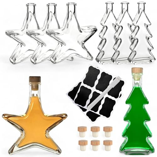 gouveo 8er Set Glasflasche 200 ml Stern und Tanne mit Korken (HGK) - Stern-Flasche und Tannen-Flasche zum Befüllen - Weihnachtsflaschen zum Dekorieren und Verschenken (ST200HGK)