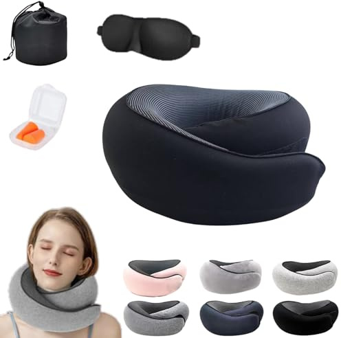 Yigoo Nappy Reisekissen Dreamjoy,Comfy Flugzeug, Reisekissen Flugzeug Nappy Mit Memory Foam für Reisen Mit Auto, Zug Schwartz A9 | Orthopädisches Nackenhörnchen für Auto & Zug. 360° Kopfstütze, atmungsaktiv & waschbar. Top Reise-Set für Urlaub & Schlafen.