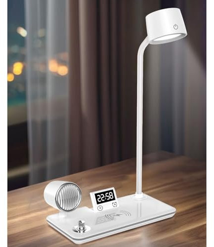 Nachttischlampe, Multifunktions-Schreibtischlampe mit kabellosem Aufladen, Bluetooth-Lautsprecher, Atmosphäre, Nachtlicht, Uhr, intelligentes Lesen, LED-Tischlampe for Schlafzimmer, Zuhause, Büro(Whit