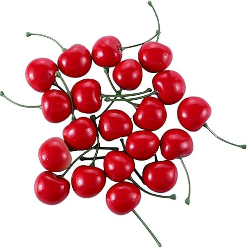 20Pcs Red Artificial Cherries,Fake Cherries,Fake Fruit Decor Simulation Cherry Model Lifelike Fruit Cherry Ornament,Home Kitchen Party Decoration Desk Ornament Photography Prop, Artificial Fruit