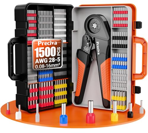 Preciva Ferrule Crimping Tool Kit with 1500PCS Wire Connectors, Hexagonal Crimping Pliers for AWG 28-5 Crimper Adjustable Ratcheting Wire Crimping Tool