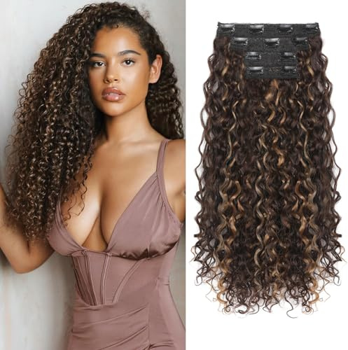 FLUFYMOOZ hair extensions Clip-in-Haarverlängerungen, 4-teilig, 100% reine Proteinseide, Haarverlängerungen, lang, weich, natürlich, 50 cm, lockige für Frauen (Braun mit tiefblonden Strähnchen)